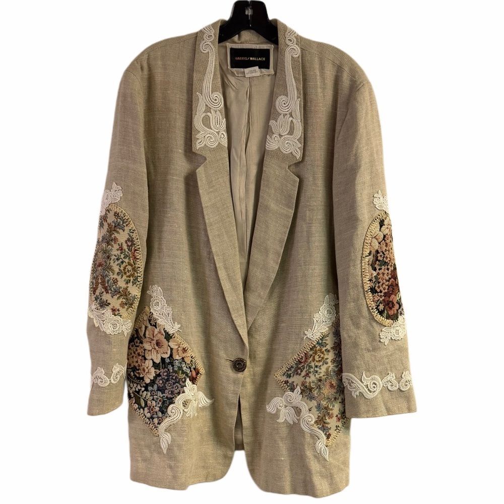 Vintage Harris Wallace Linen Floral Embroidery Patchwork Appliqué Blazer Size L